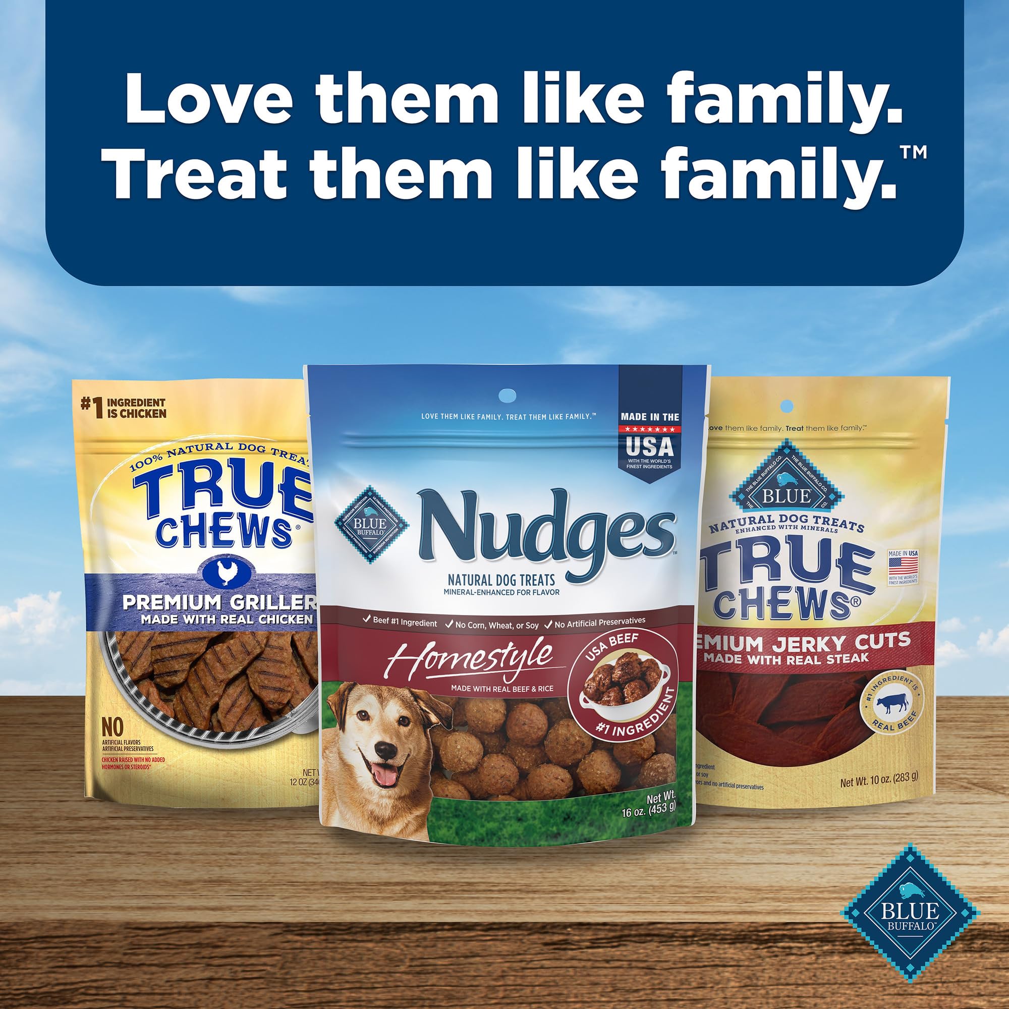 Blue Buffalo Nudges family-friendly snack for dogs during playtime.