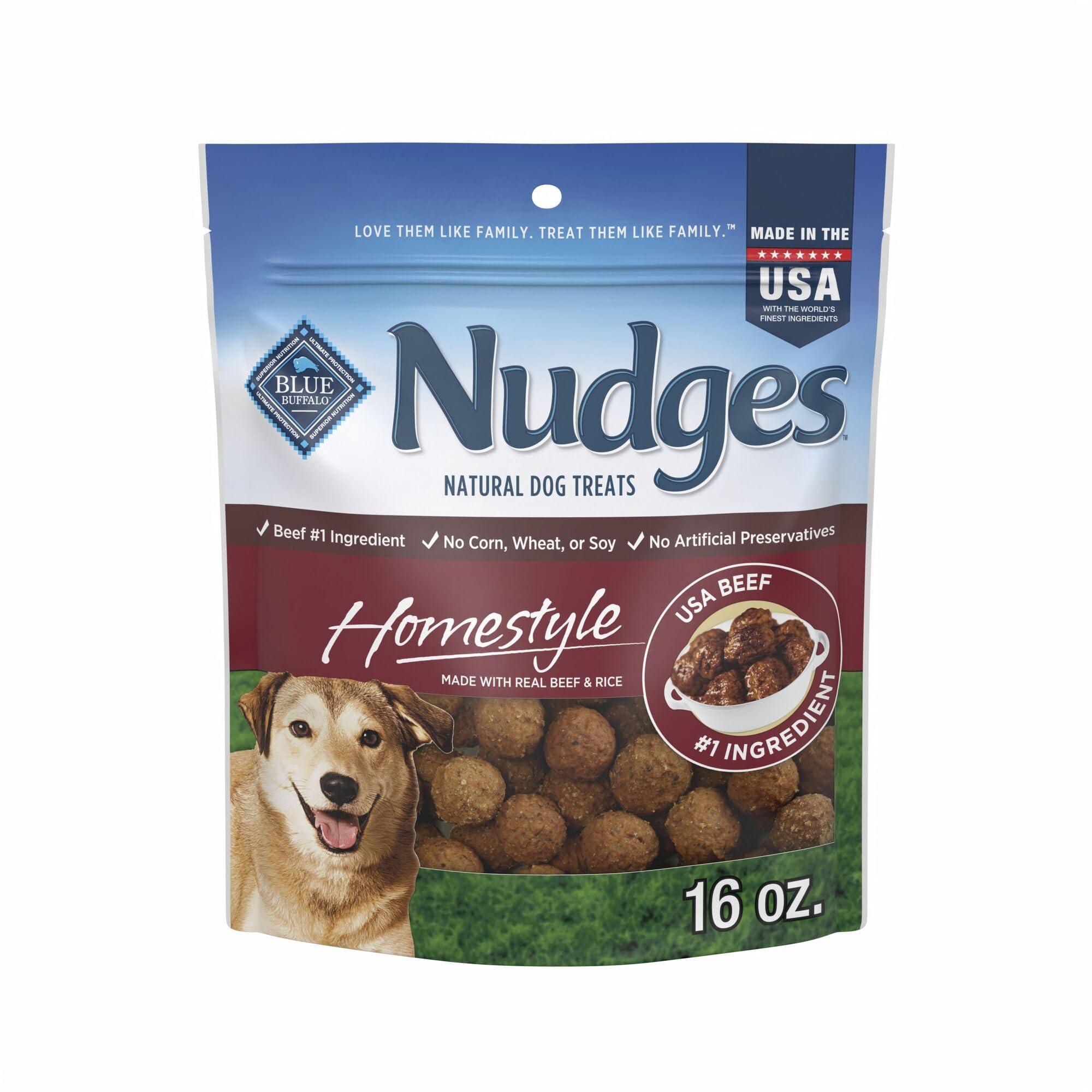 Blue Buffalo Nudges Homestyle Beef and Rice bag shows real beef for a tasty reward.