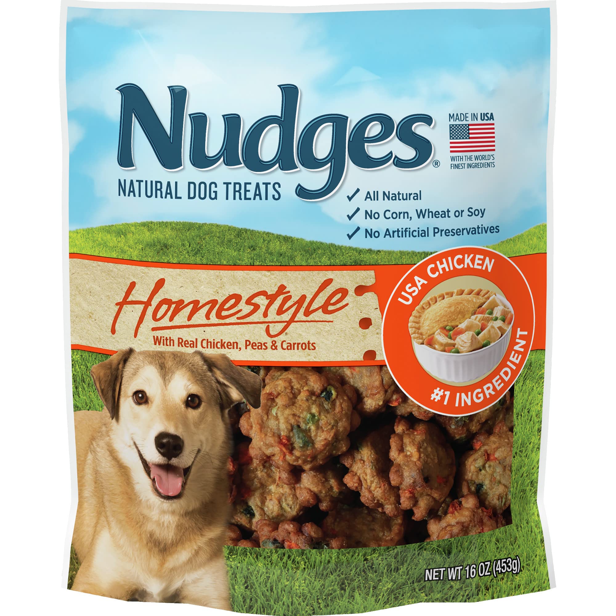 Blue Buffalo Nudges Homestyle Chicken bag front, showing wholesome chicken rewards for dogs.