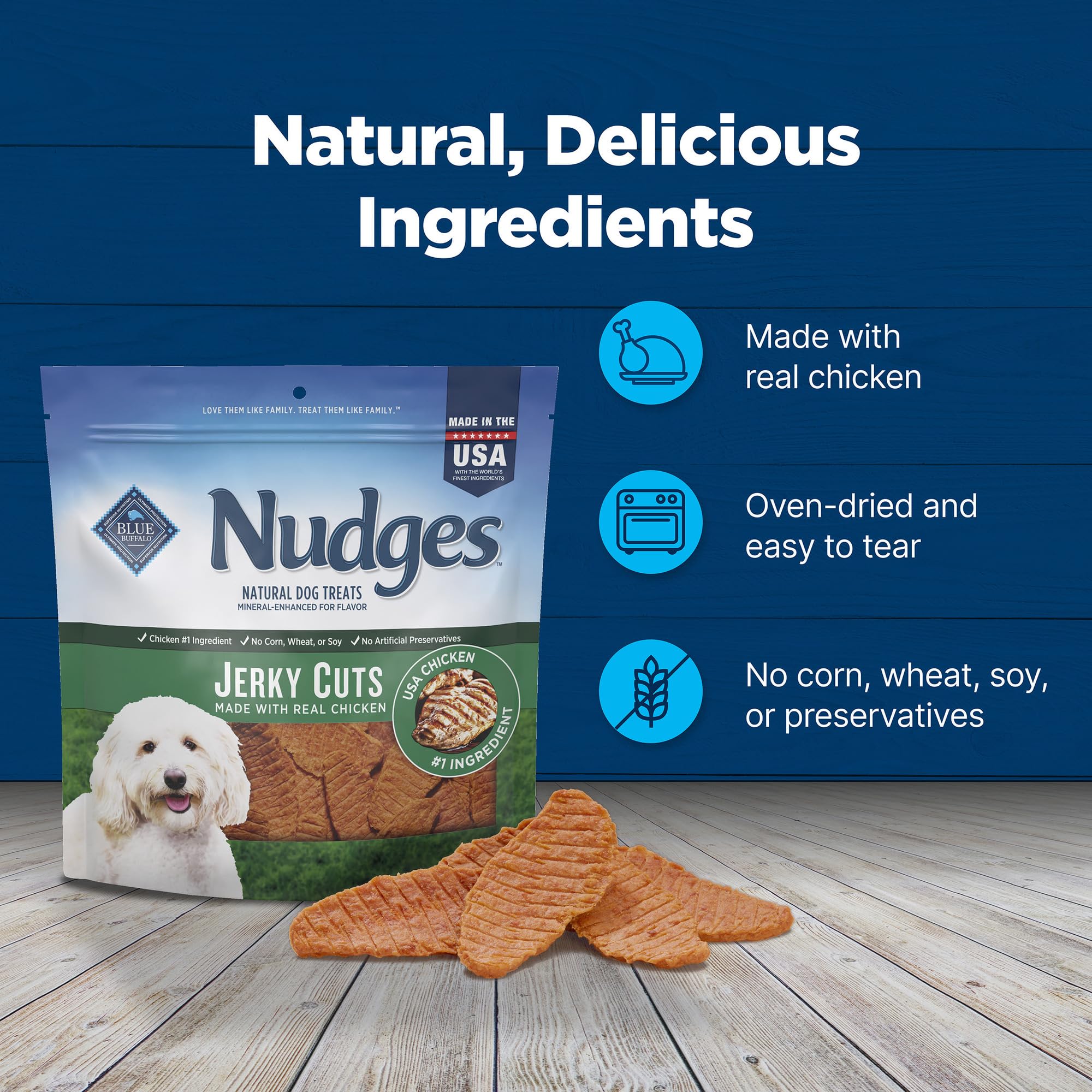 Blue Buffalo Nudges Jerky Cuts packaging image highlights preservative-free snacking.