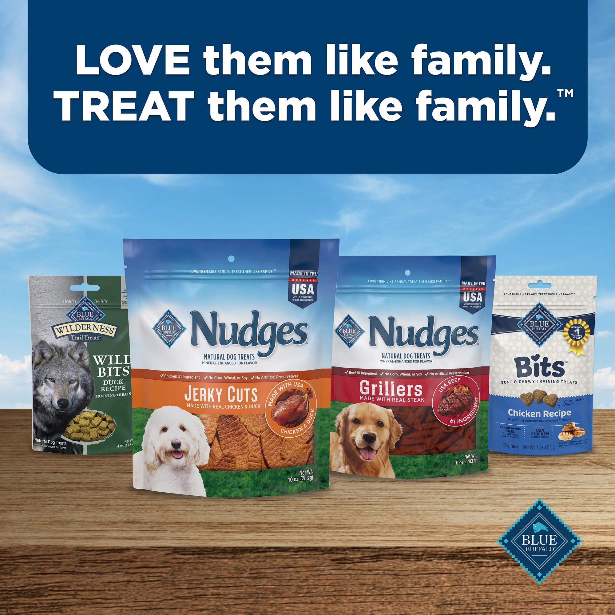 Blue Buffalo Nudges Jerky Cuts training treat shown during a playful session.