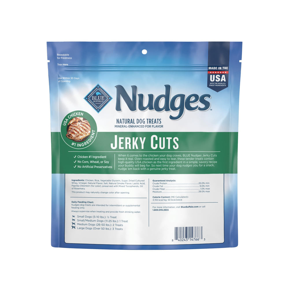 Blue Buffalo Nudges Jerky Cuts USA chicken close-up highlights real ingredients for mindful snacking.