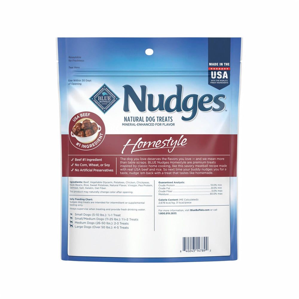Blue Buffalo Nudges real beef first ingredient closeup highlights hearty beef chunks.