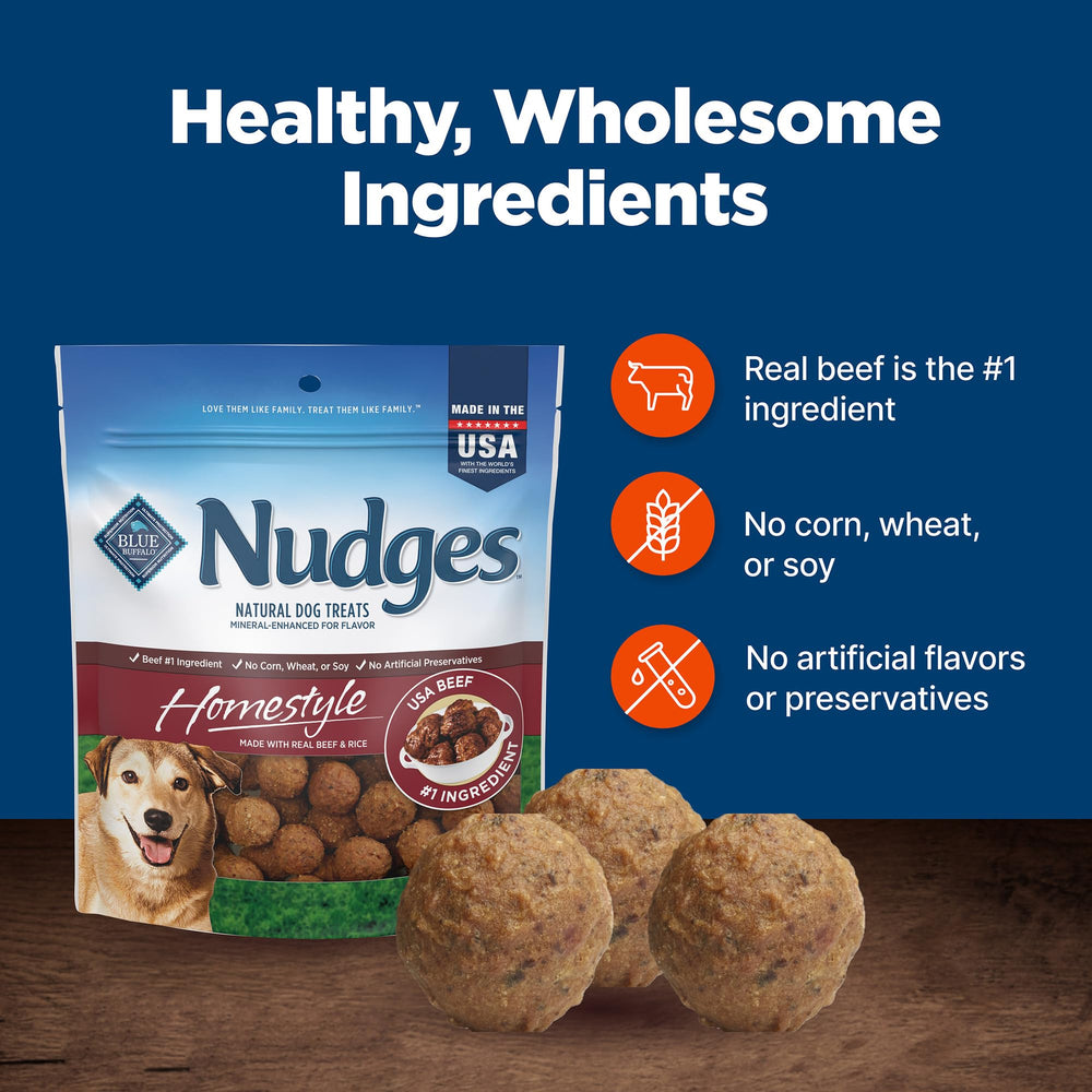 Blue Buffalo Nudges USA-made treats closeup suggests domestic manufacturing.