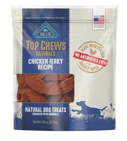 Blue Buffalo Top Chews Natural Chicken Jerky pack of treats for dogs, tasty rewards during training.