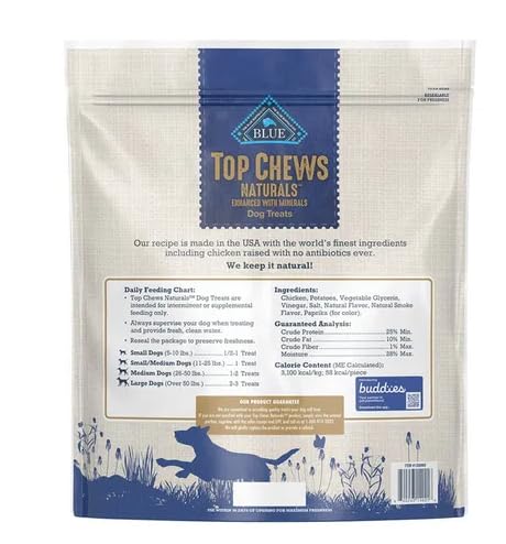 Blue Buffalo Top Chews Natural Chicken Jerky single chew piece shown, ideal for rewarding dogs.