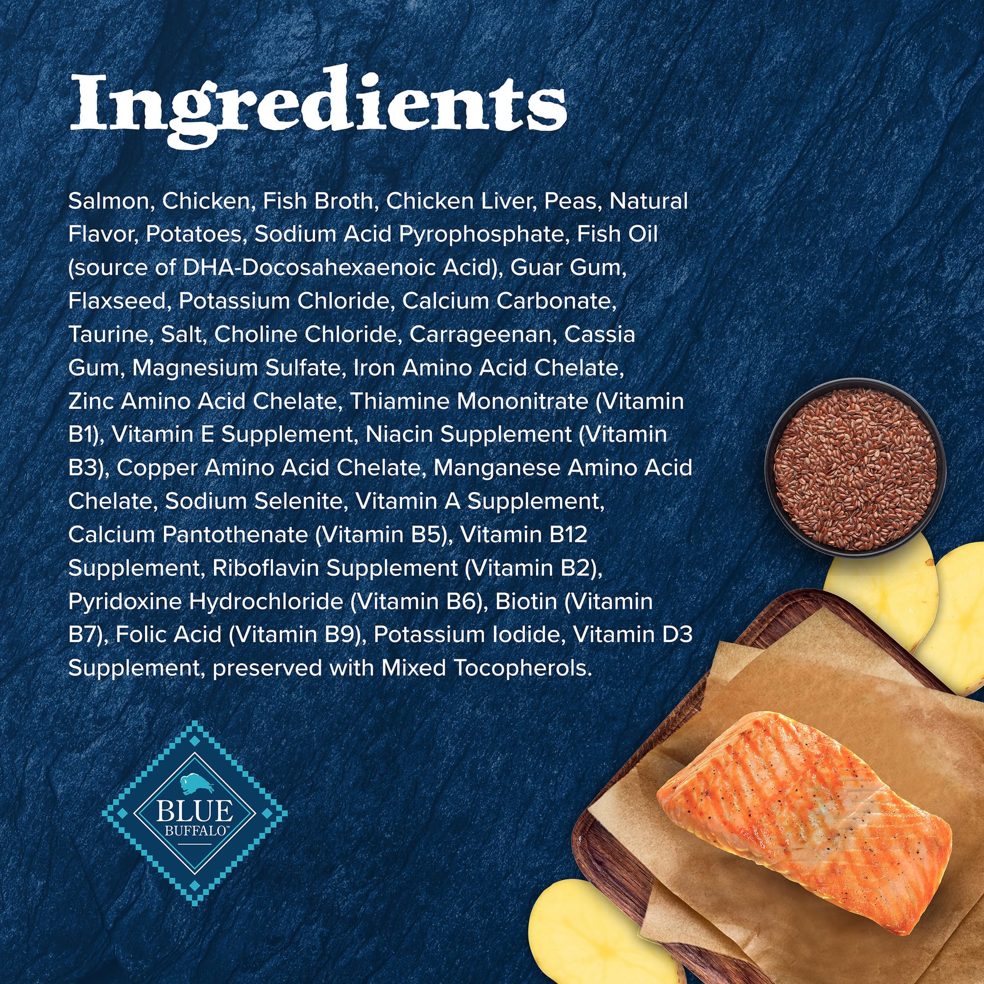 Blue Buffalo Wilderness no-corn-wheat-soy image emphasizes grain-free ingredients.