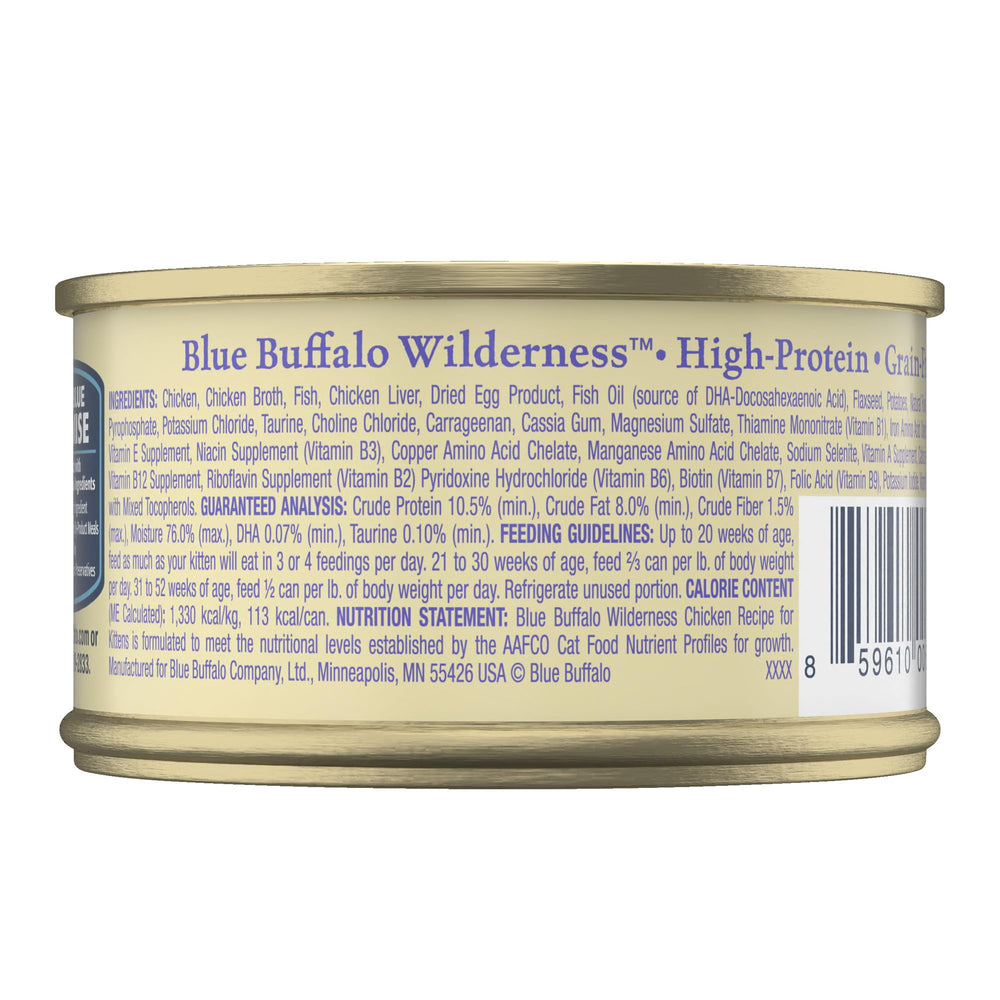 Blue Buffalo Wilderness kitten pate cans stacked to show grain-free, no-by-product formula.