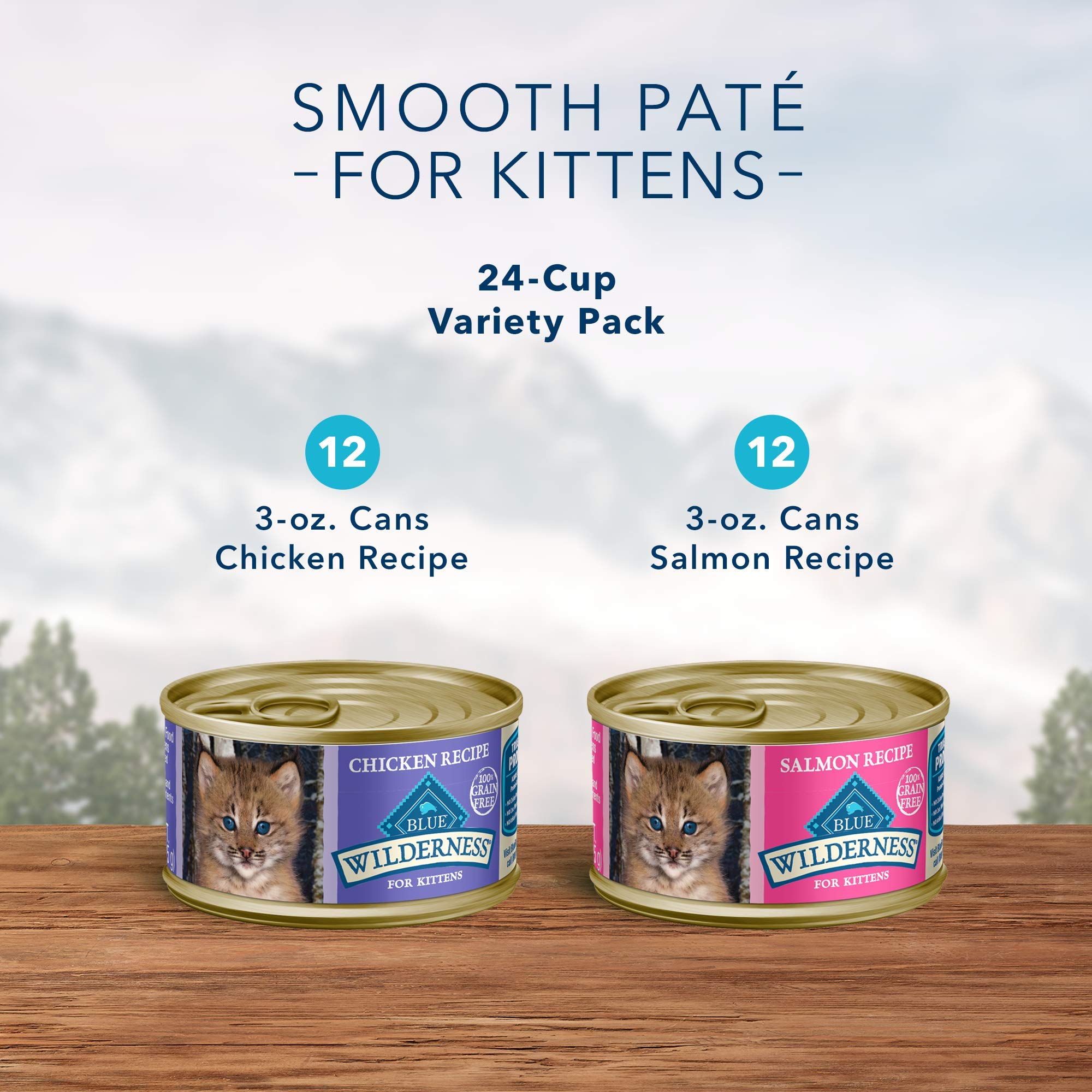 Blue Buffalo Wilderness kitten pate salmon 3oz can highlights omega fatty acids for a glossy coat.