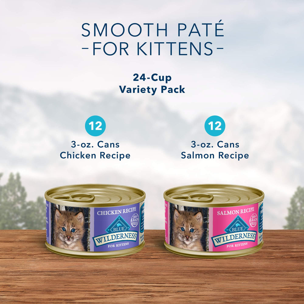 Blue Buffalo Wilderness kitten pate salmon 3oz can highlights omega fatty acids for a glossy coat.