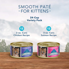 Blue Buffalo Wilderness kitten pate salmon 3oz can highlights omega fatty acids for a glossy coat.
