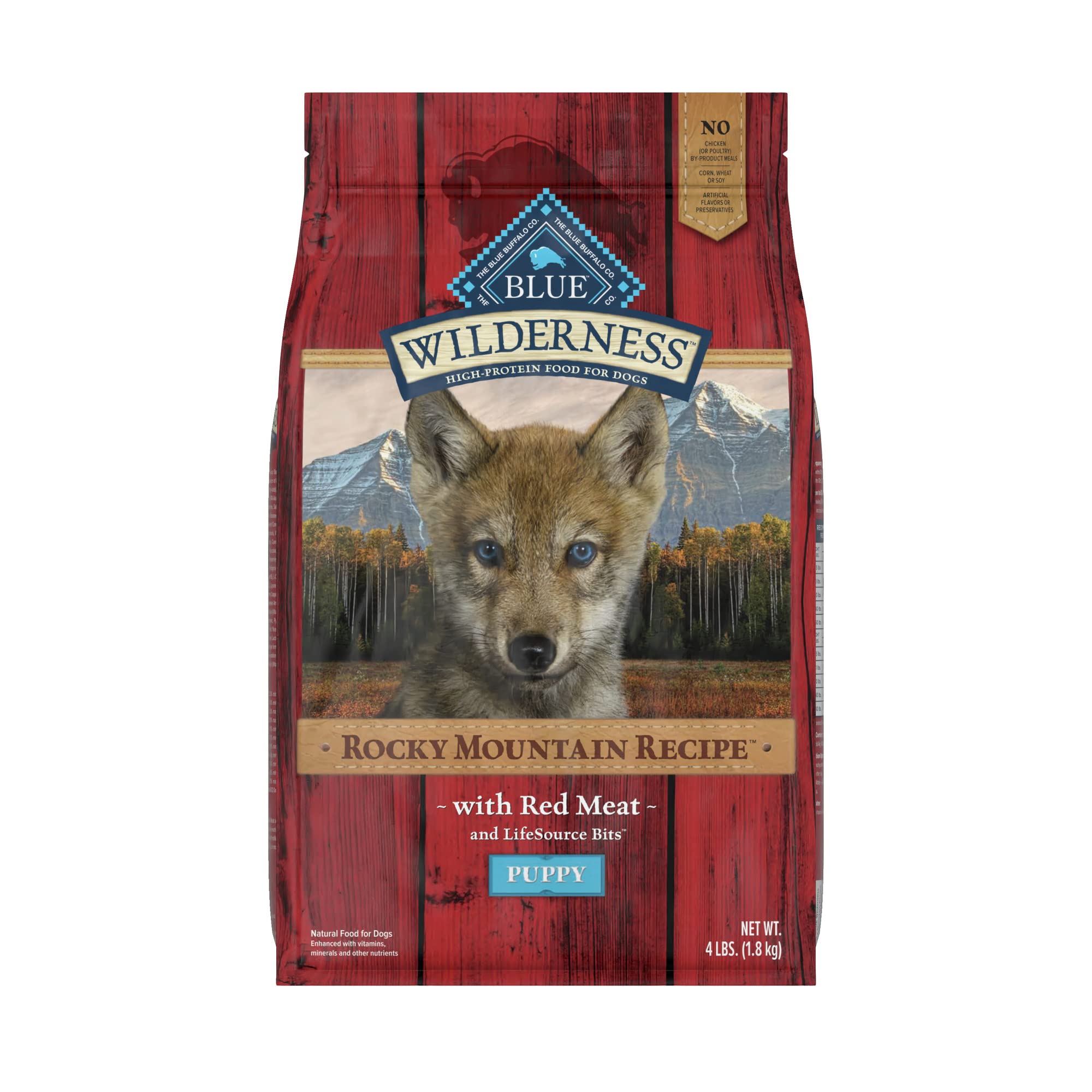 Blue Buffalo Wilderness Rocky Mountain beef kibble close-up for lean puppy muscle