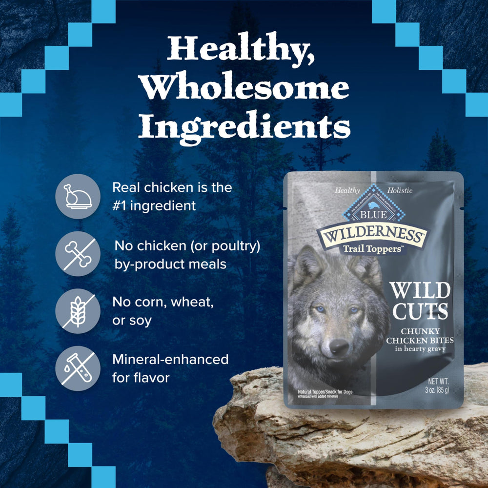 Blue Buffalo Wilderness Trail Toppers topping over dry food for flavor boost.