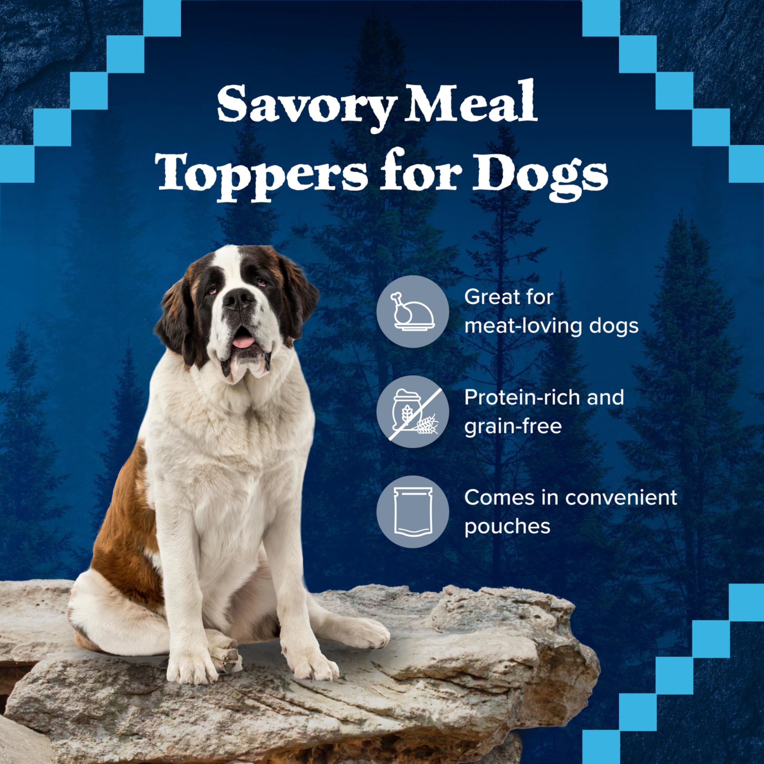 Blue Buffalo Wilderness Trail Toppers packaging front emphasizes real chicken and grain-free recipe.