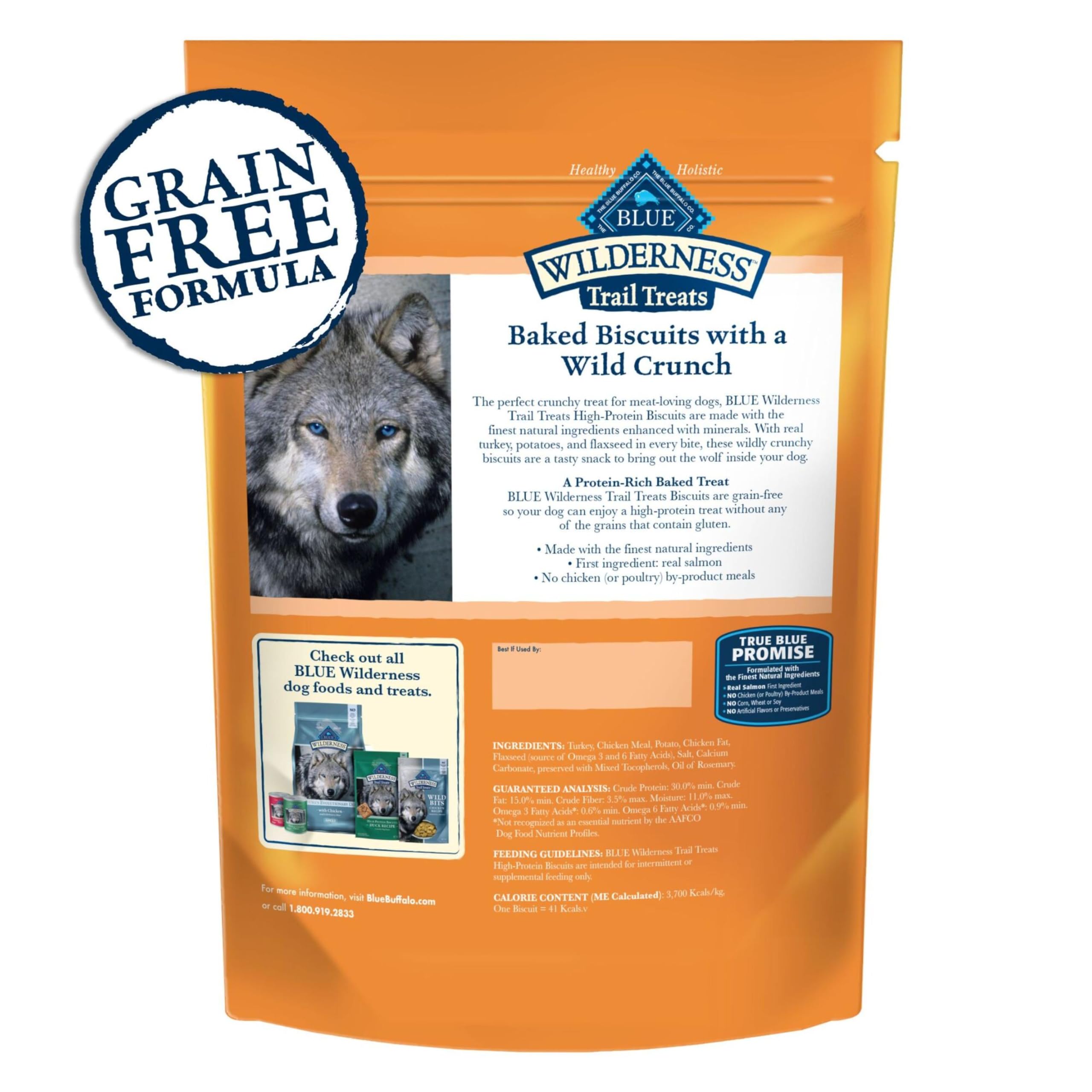 Blue Buffalo Wilderness Trail Treats close-up shows crunchy turkey biscuits ideal for training rewards