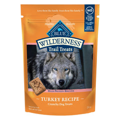 Blue Buffalo Wilderness Trail Treats packaging highlights turkey-first protein and grain-free formula for dogs