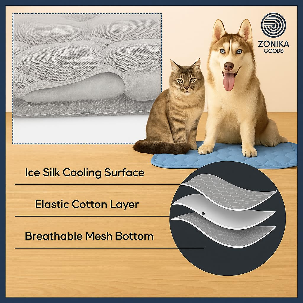 Blue Cooling Mat & Sleeping Pad in crate provides comfy cooling for dogs