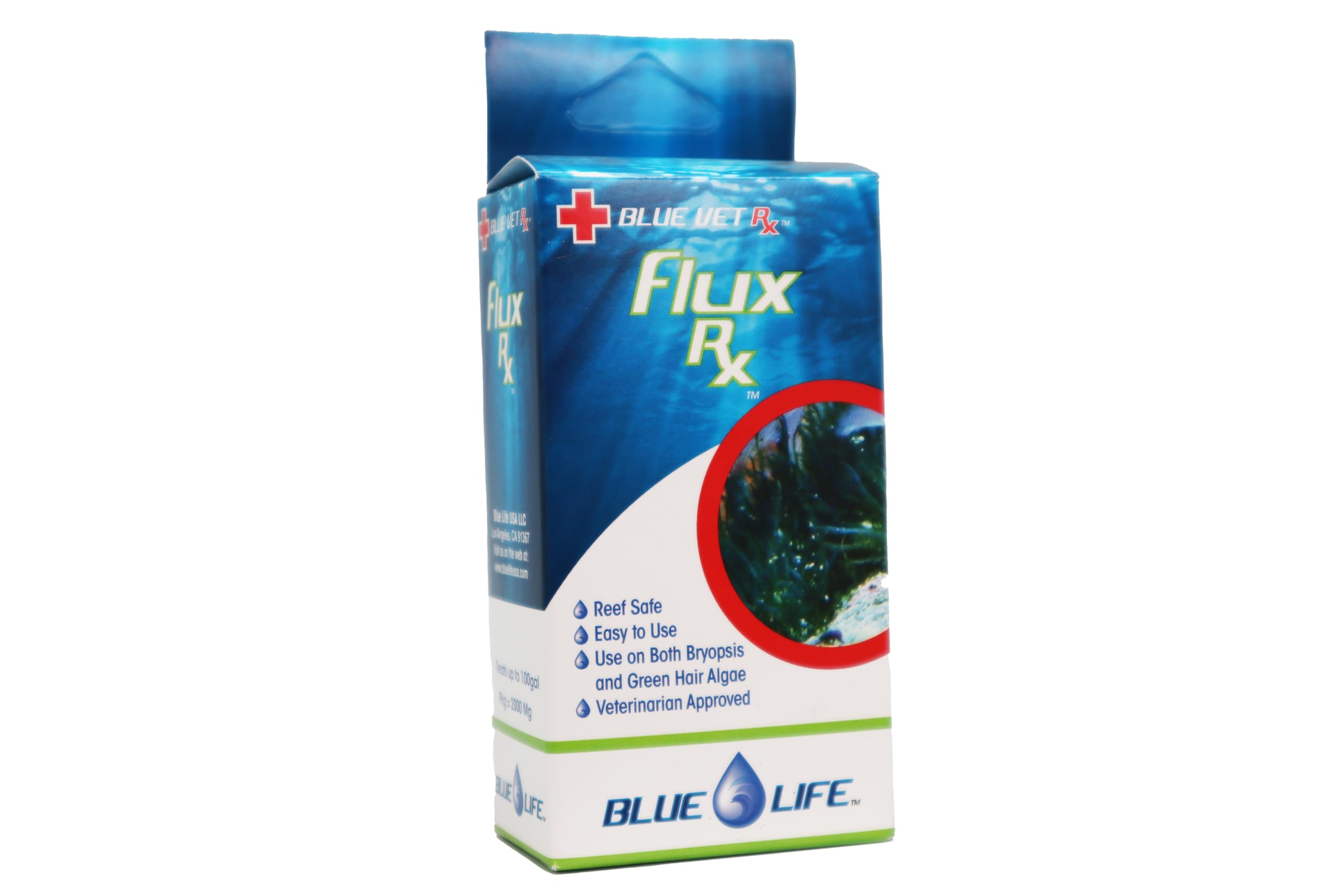 Blue Life Flux Rx bottle front for reef-safe algae treatment in home aquariums.