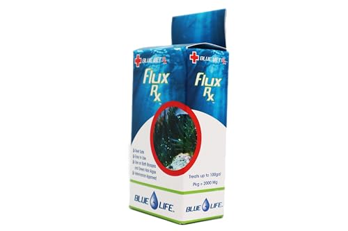 Blue Life Flux Rx packaging highlights 2000mg dose and 100 gal coverage.