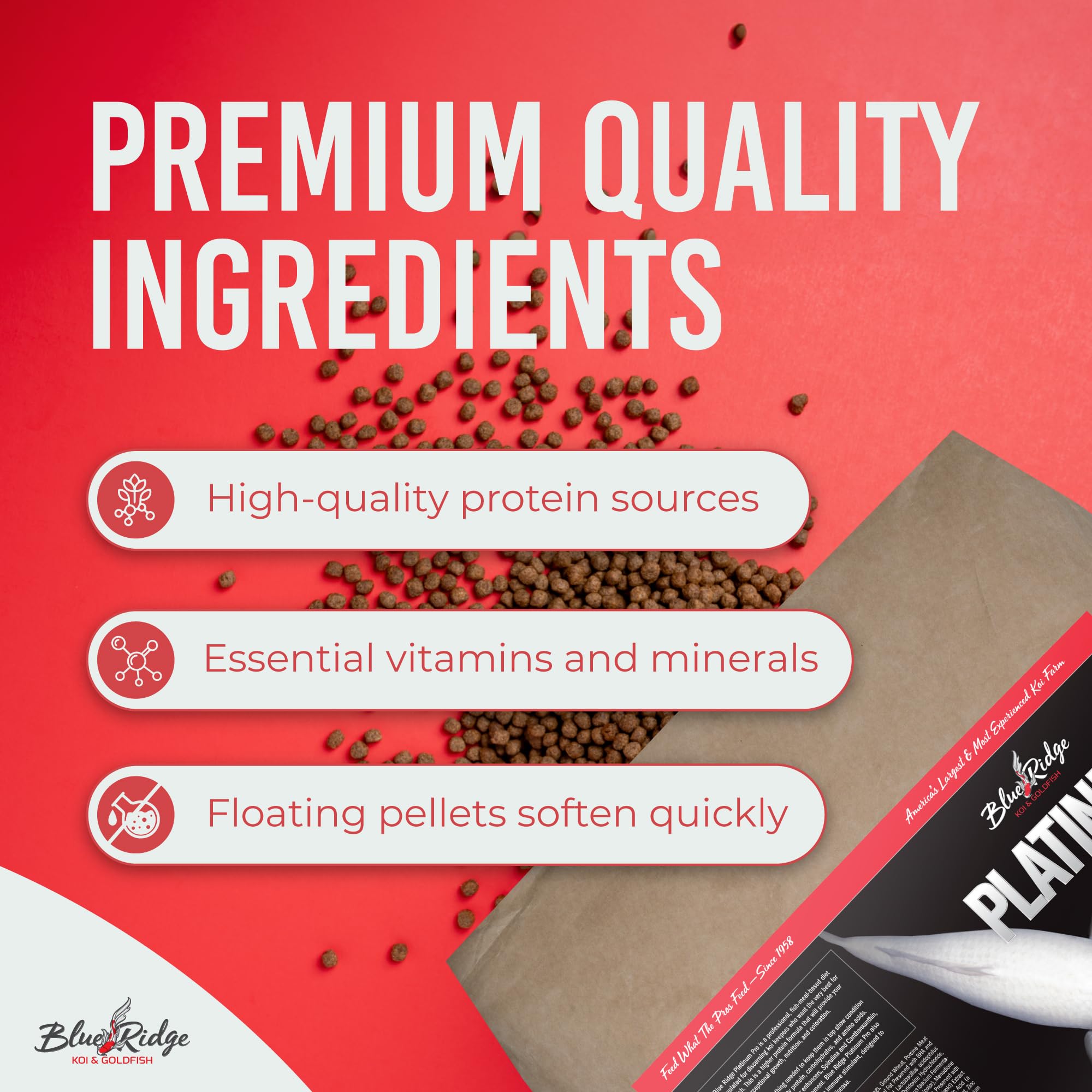 Blue Ridge Koi Food color-enhancer pellets boost pigment naturally