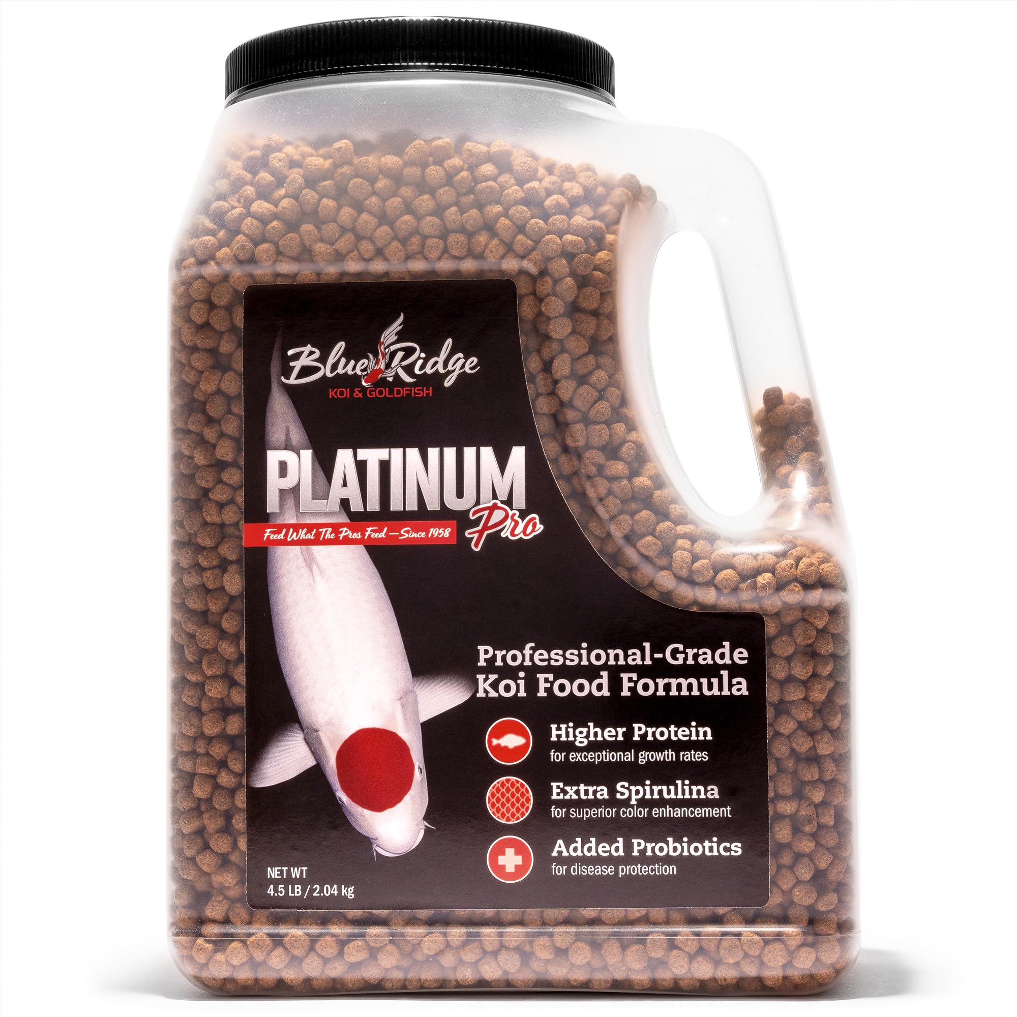 Blue Ridge Koi Food 4.5lb bag with pellets for balanced nutrition and easy feeding.