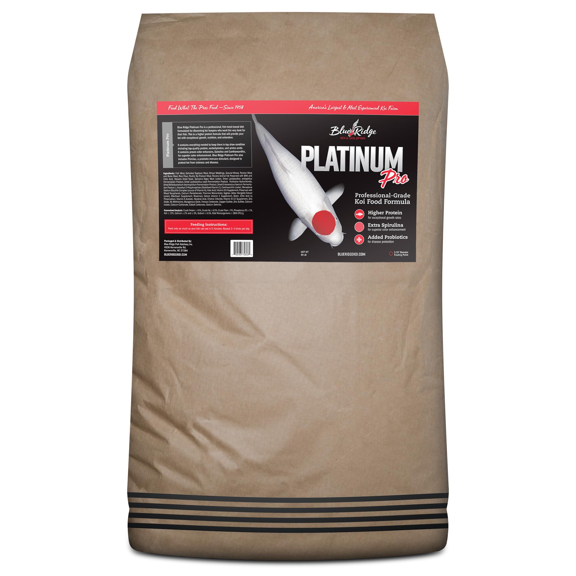 Blue Ridge Koi Food 50lb bag showing premium floating pellets for easy feeding