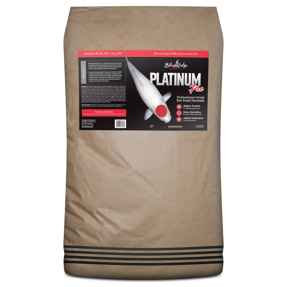 Blue Ridge Koi Food 50lb bag showing premium floating pellets for easy feeding