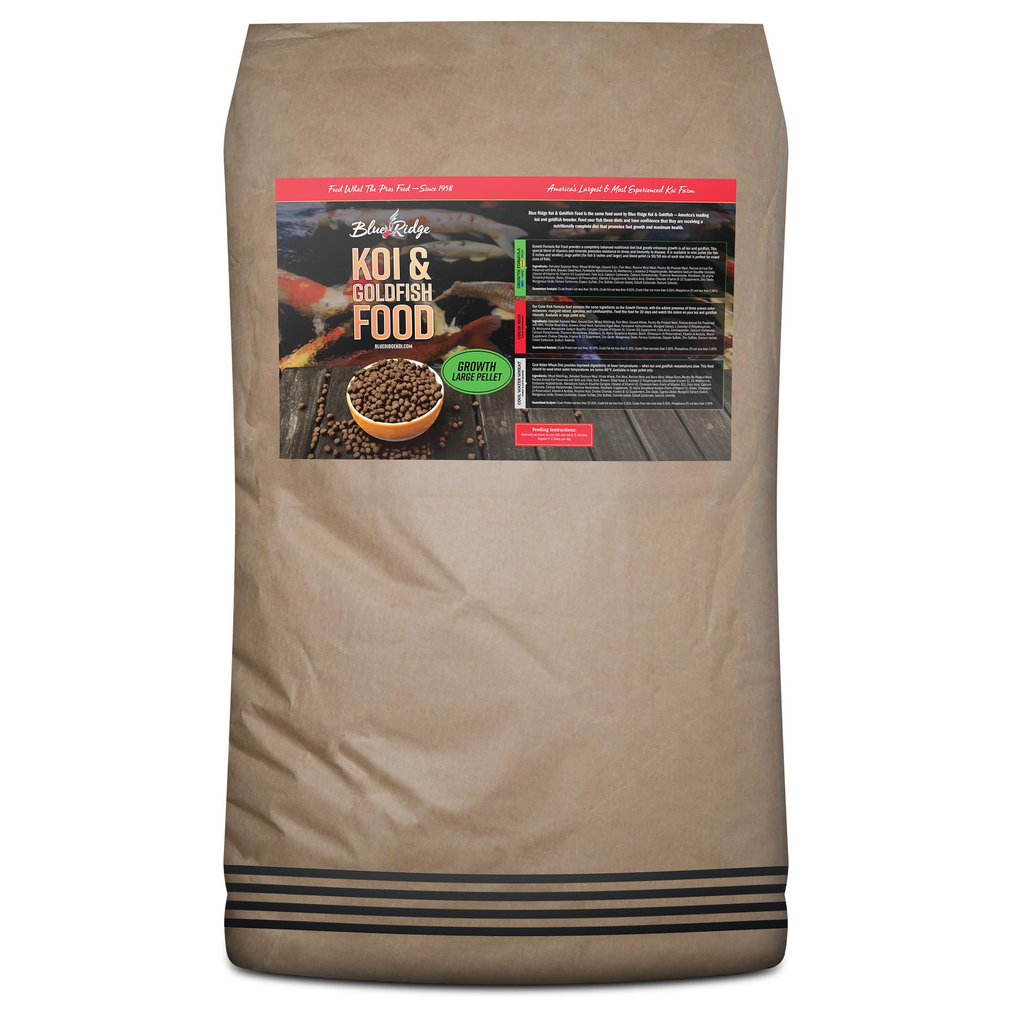 Blue Ridge Koi Fish Food 50lb bag closeup for convenient pond feeding and long-term storage.