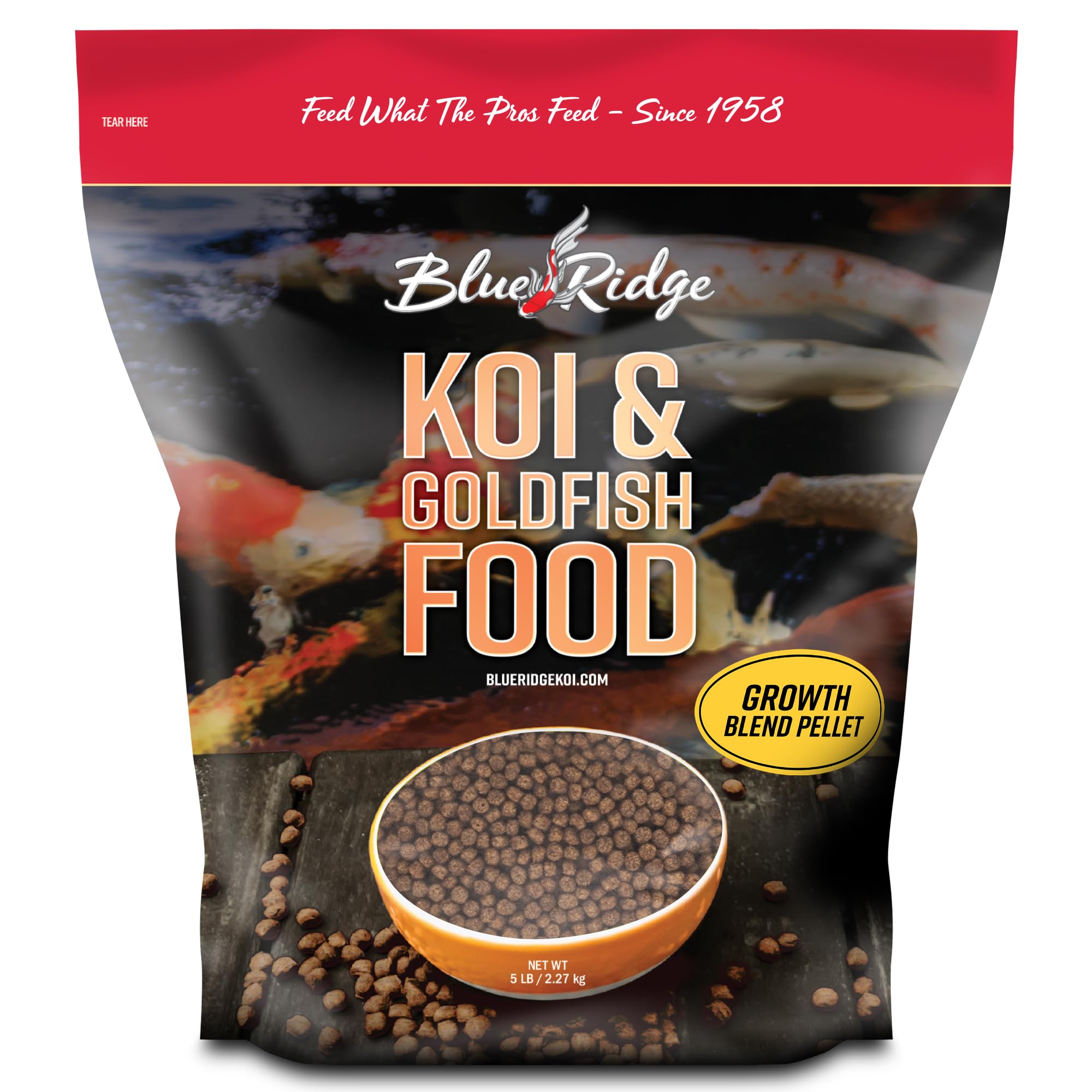 Blue Ridge Koi Food 5lb bag front view promotes easy daily feeding for koi and goldfish.