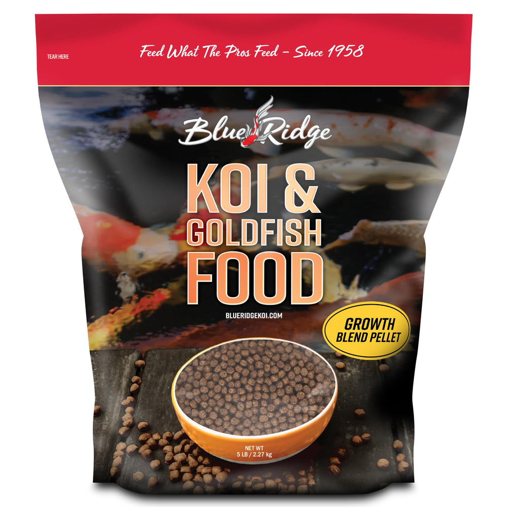 Blue Ridge Koi Food 5lb bag front view promotes easy daily feeding for koi and goldfish.