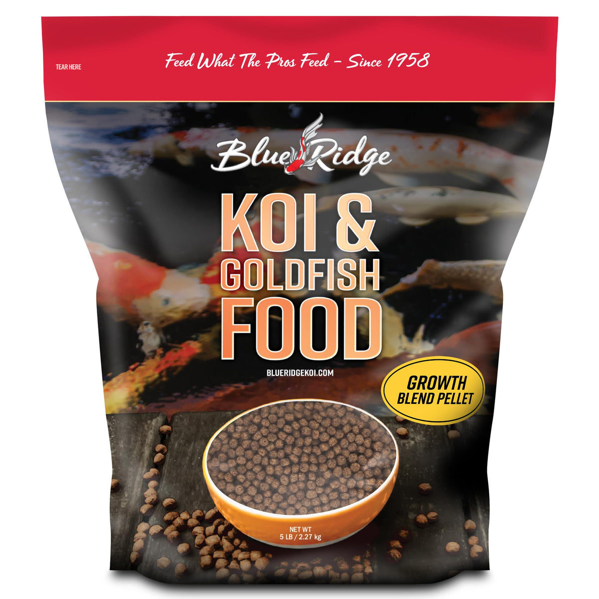Blue Ridge Koi Food 5lb bag front view promotes easy daily feeding for koi and goldfish.
