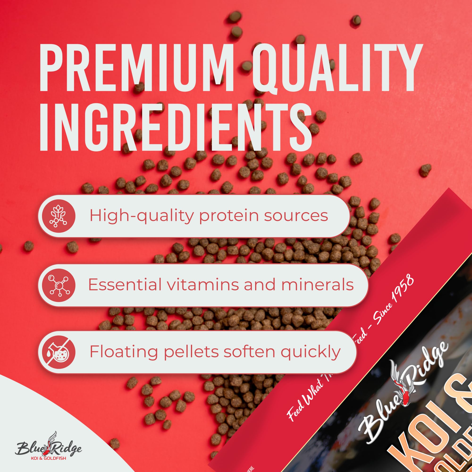Blue Ridge Koi Food 5lb mixed-sizes pellets fit koi and goldfish.