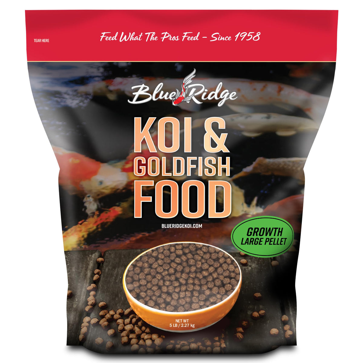 Blue Ridge Koi Food 5lb pellets close-up show large growth pellets for koi.