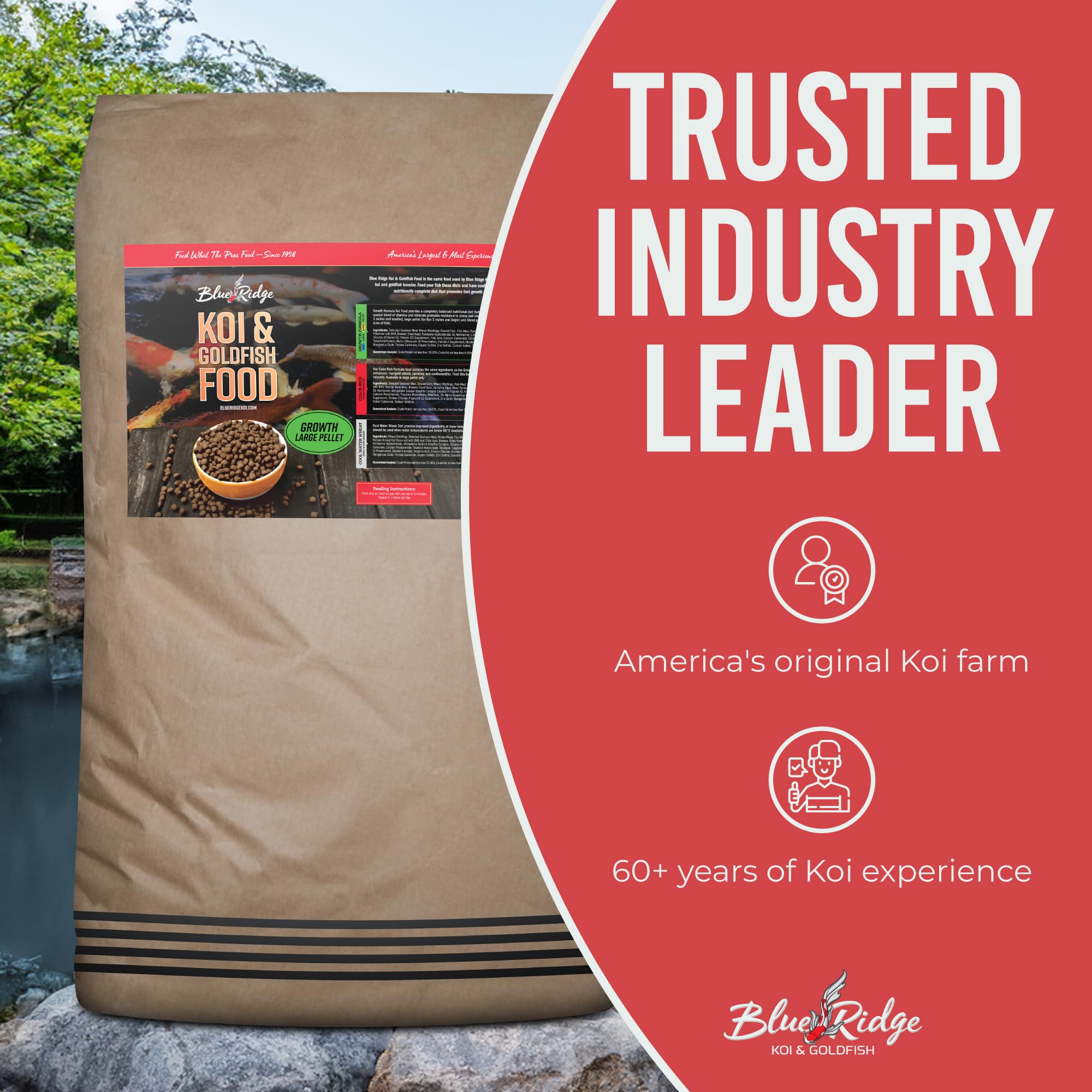 Blue Ridge Koi Food 50lb bag in storage setup demonstrates packaging durability and shelf life.