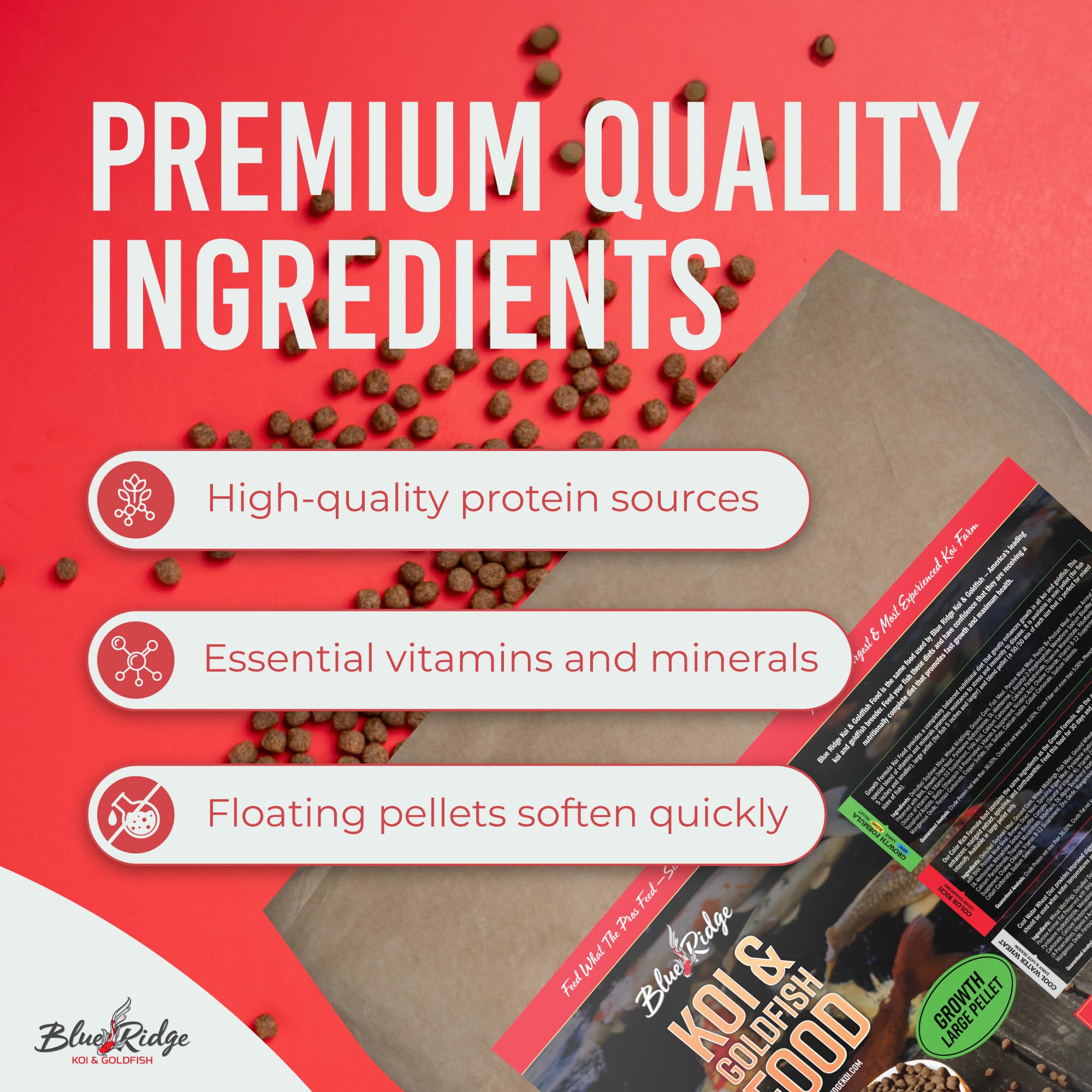 Blue Ridge Koi Food growth formula visuals suggest year-round nutrition for steady koi and goldfish development.