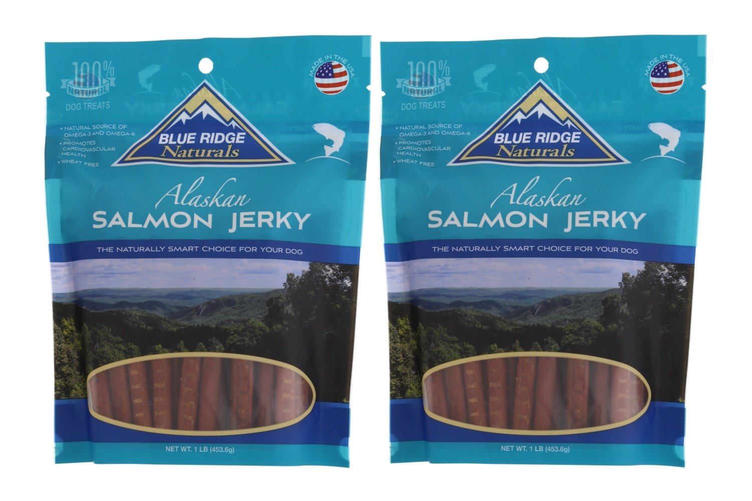 Blue Ridge Naturals Alaskan Salmon Jerky two-pack for dogs supports coat health with real salmon flavor.