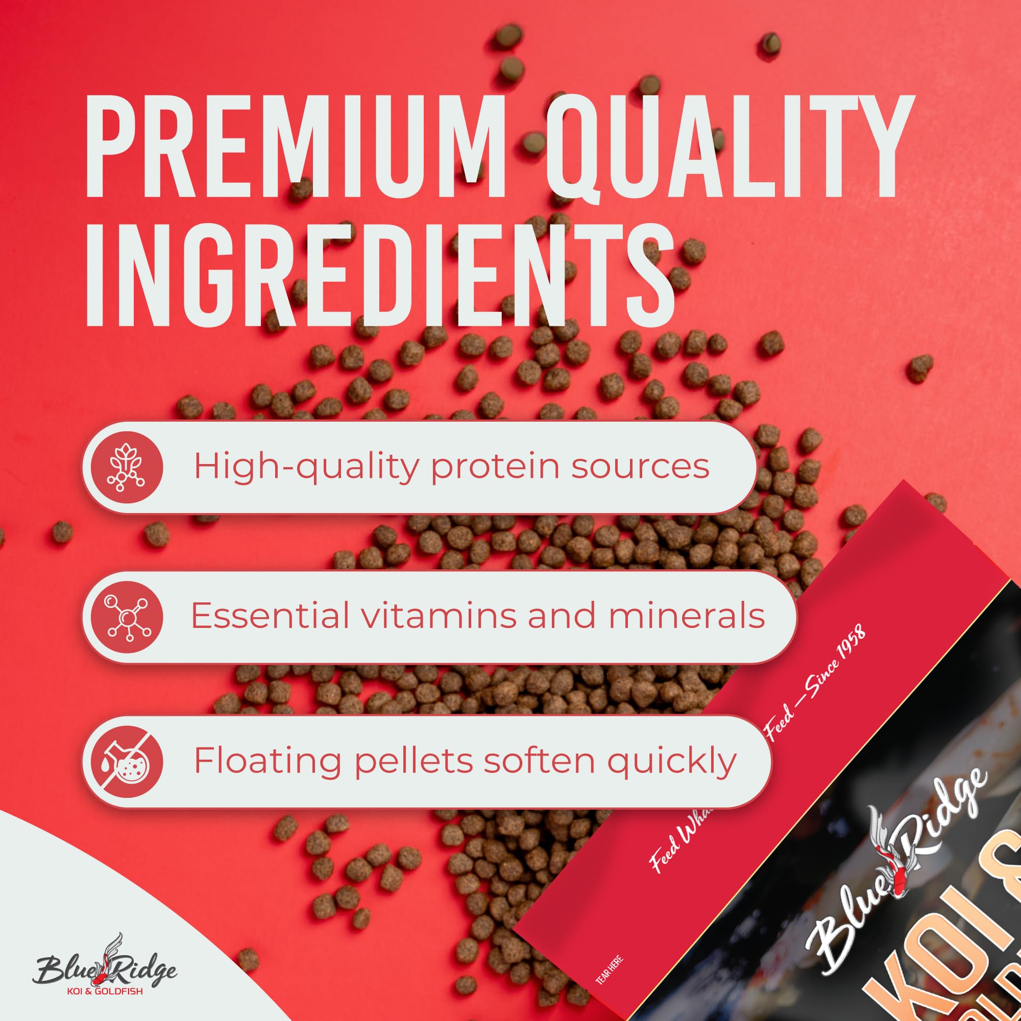 Blue Ridge Premium pond fish food in use on pond surface