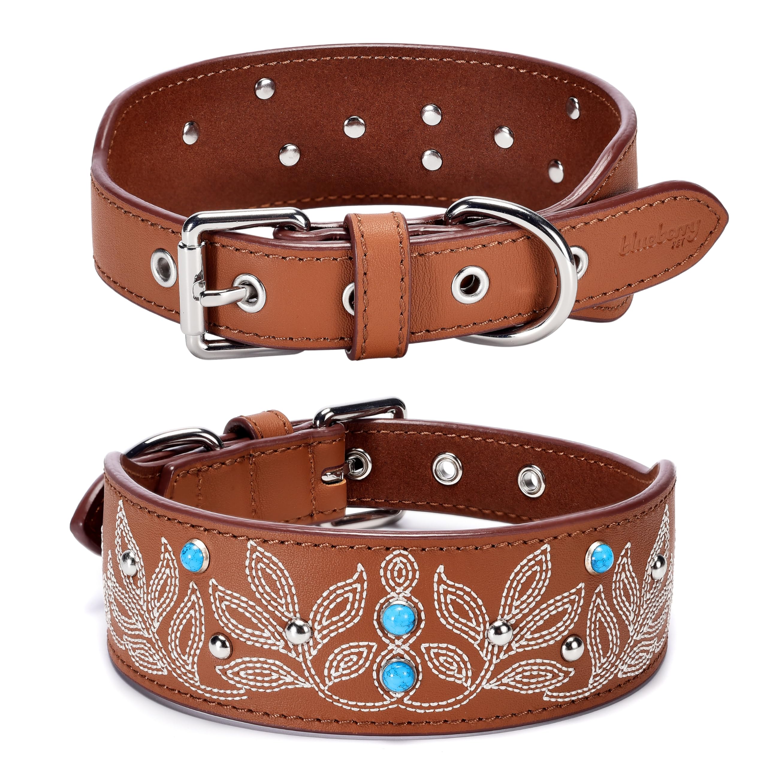 Blueberry Pet Canyon Brown Collar with floral embroidery and turquoise studs for stylish medium dogs.