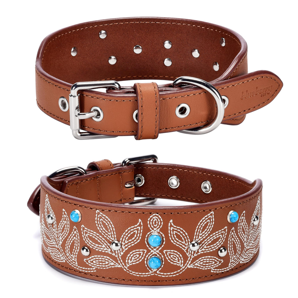 Blueberry Pet Canyon Brown Collar with floral embroidery and turquoise studs for stylish medium dogs.