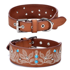 Blueberry Pet Canyon Brown Collar with floral embroidery and turquoise studs for stylish medium dogs.