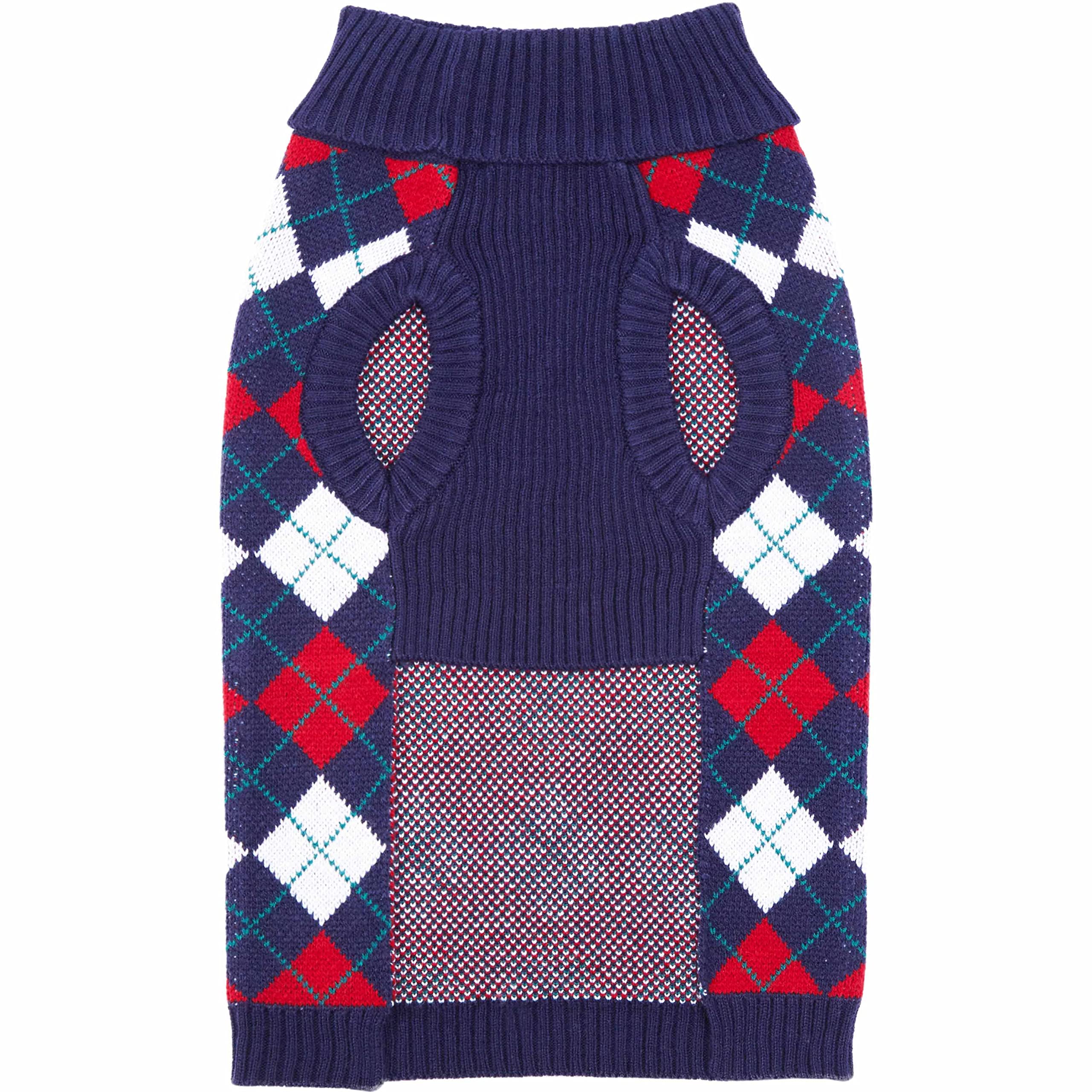 Blueberry Pet Chic Argyle back view shows full coverage for chilly strolls.