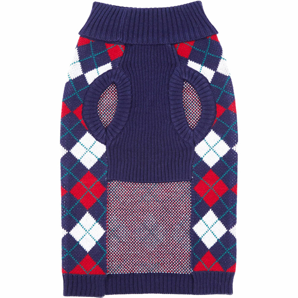 Blueberry Pet Chic Argyle back view shows full coverage for chilly strolls.