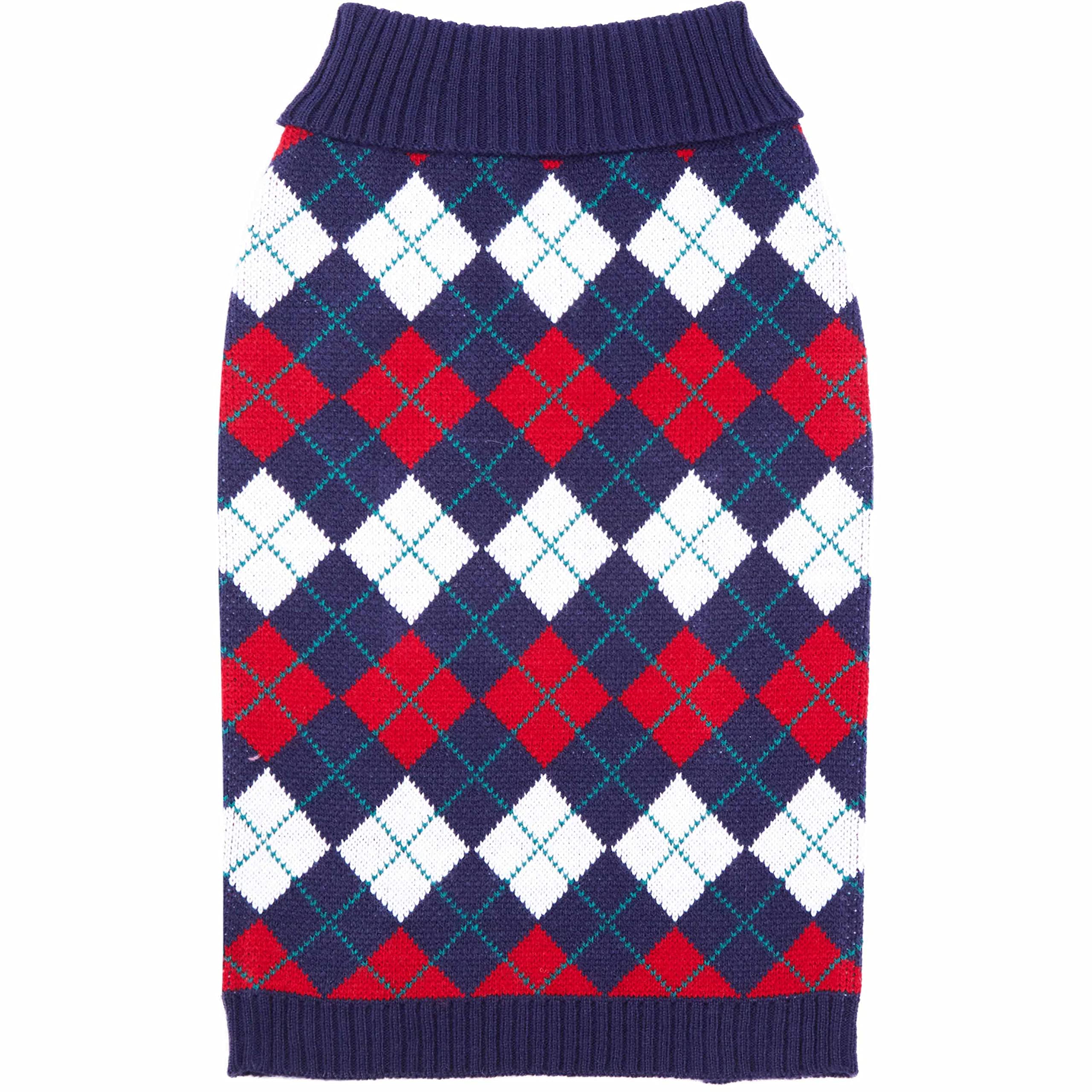 Blueberry Pet Chic Argyle dog sweater in navy provides warm, stylish coverage.