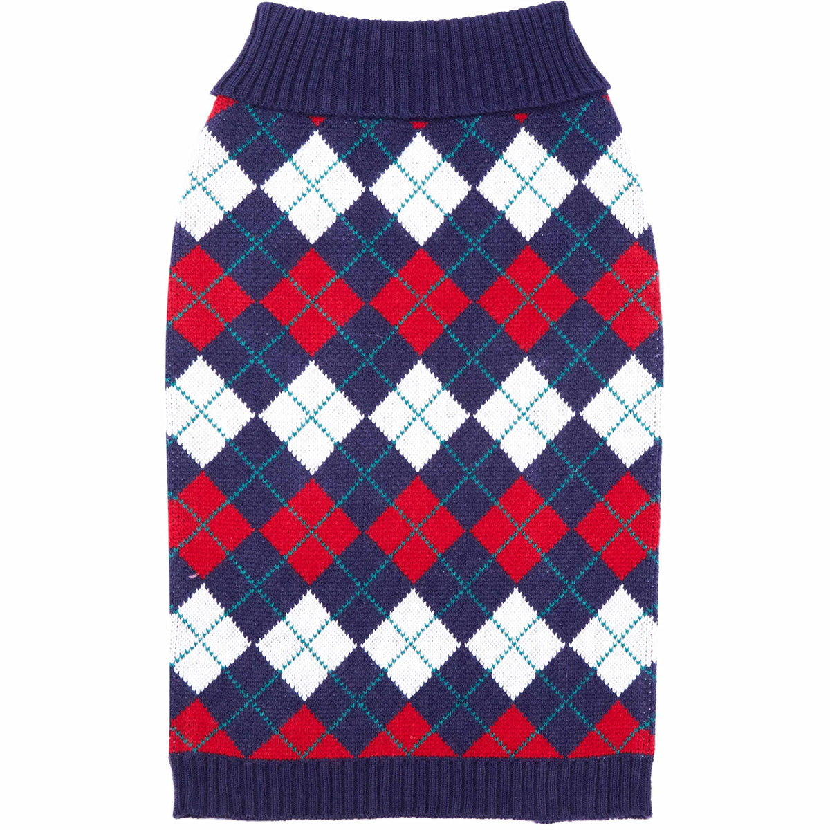 Blueberry Pet Chic Argyle dog sweater in navy provides warm, stylish coverage.