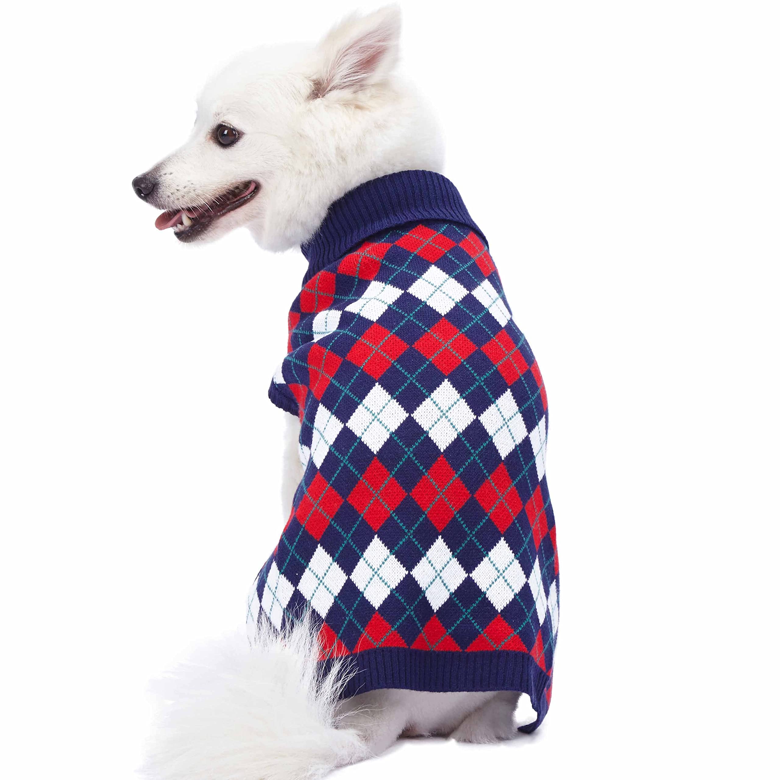 Blueberry Pet Chic Argyle neck detail highlights secure fit for cozy everyday wear.