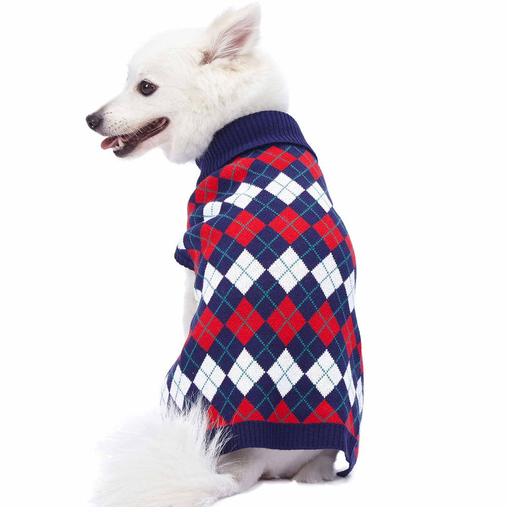 Blueberry Pet Chic Argyle neck detail highlights secure fit for cozy everyday wear.