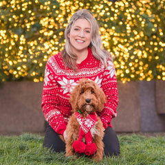 Blueberry Pet dog scarf worn; festive fair isle pattern enhances seasonal photos