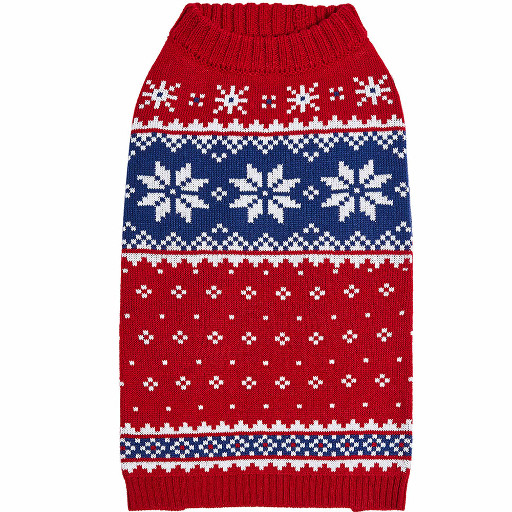 Blueberry Pet Christmas Snowflake Dog Sweater on dog for festive warmth during holiday strolls.
