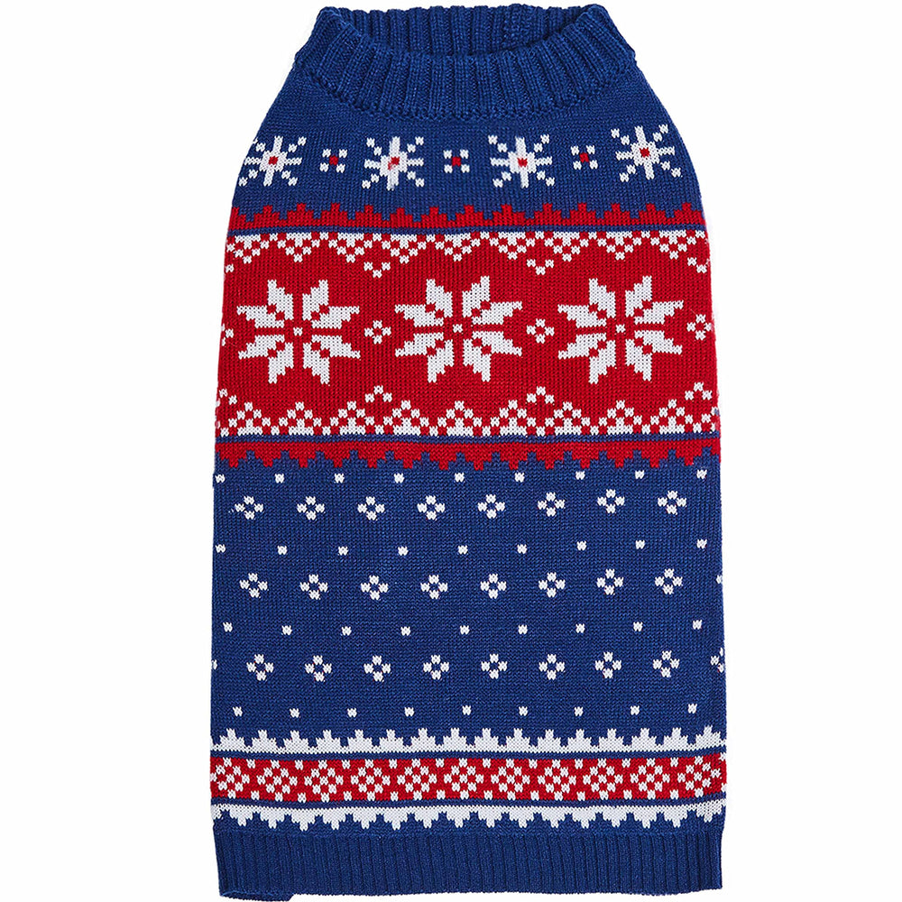 Blueberry Pet Christmas Snowflake Sweater Navy back view keeps dogs warm on winter walks