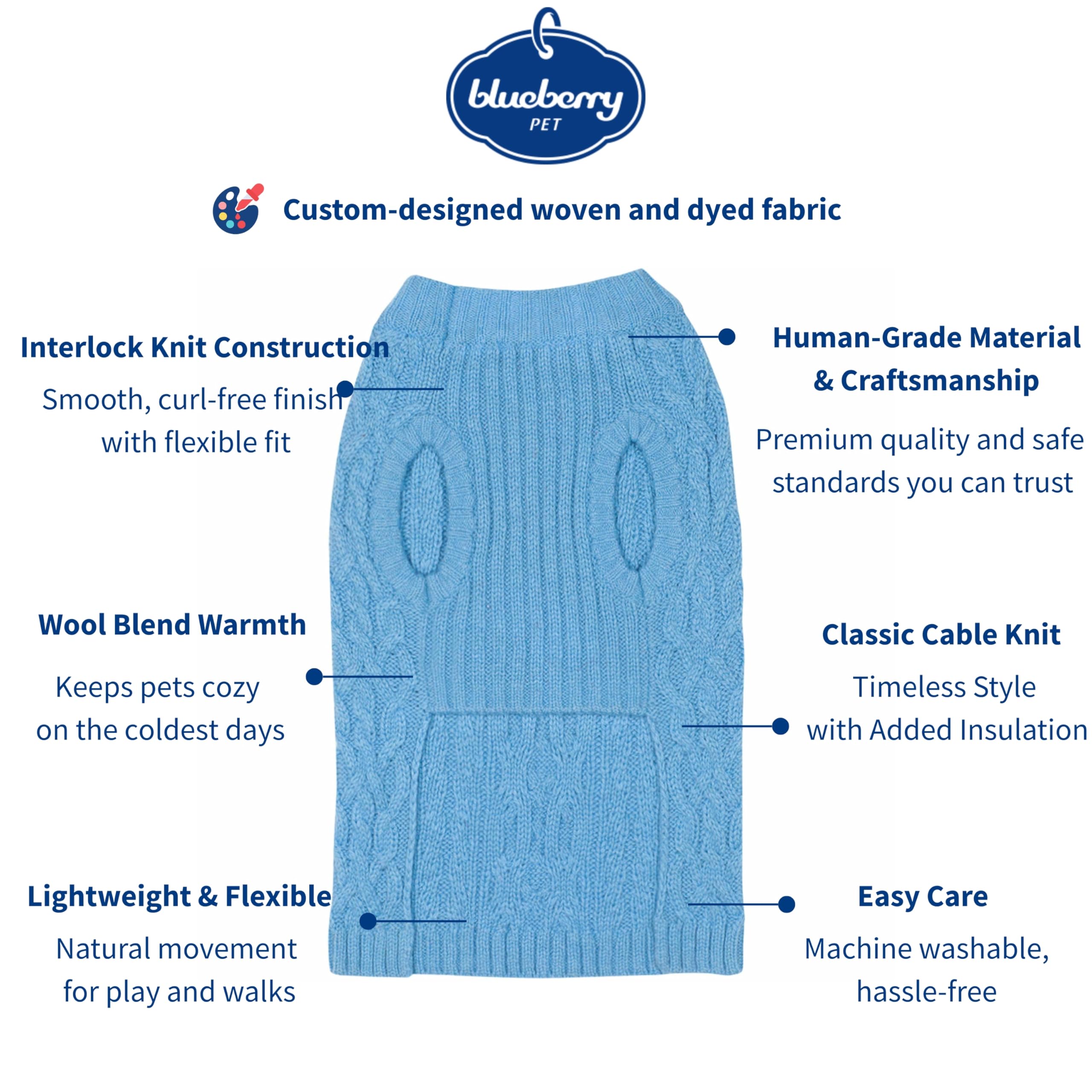Blueberry Pet Classic Dog Sweater Alaskan Blue front view for easy wear